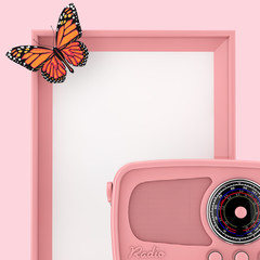 Poster - Retro Pink Radio in front of Empty Pink Photo Frame with Butterfly. 3d Rendering