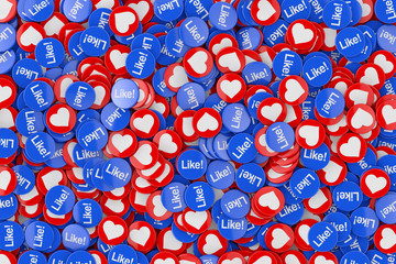 Aufkleber - Heap of Social Media Network Love and Like Heart Badges Coins Background Texture. 3d Rendering