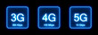 Wireless cellular network speed evolution icons: 3g, 4g, 5g