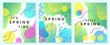 Set Of Unique Spring Cards With Bright Gradient Backgrounds,tiny Leaves,fluid Shapes And Geometric Elements In Memphis Style.Abstract Layouts Perfect For Prints,flyers,banners,invitations,covers.