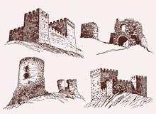 Graphical Vintage Set Of Sightseeing , Famous Castles Of The World,vector Sketch	