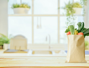 Wood table top on blurred kitchen background,