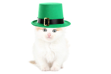 Wall Mural - Little kitten with St.Patrick's hat isolated on white background