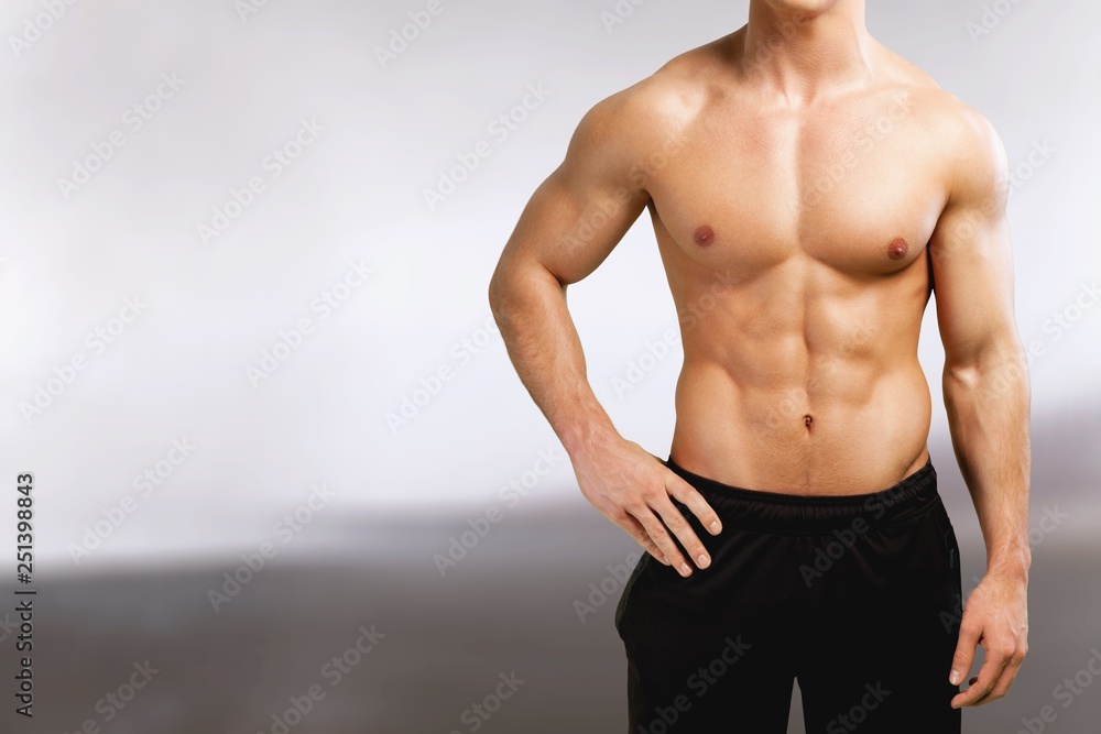 Cropped image of fit muscular body of sportsman - obrazy, fototapety, plakaty 