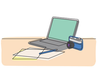 Wall Mural - continuous line drawing of laptop computer notepad and photo camera