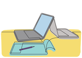 Wall Mural - continuous line drawing of two laptop computers and notepad