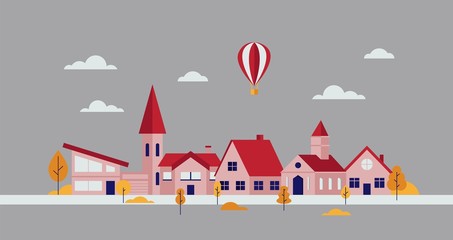 Minimal cityscape. City landscape with buildings, lakes and trees. Vector illustration in simple geometric flat style and abstract background for covers, header images, banners and websites
