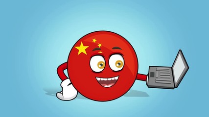 Cartoon Icon Flag China Work on Laptop with Face Animation
