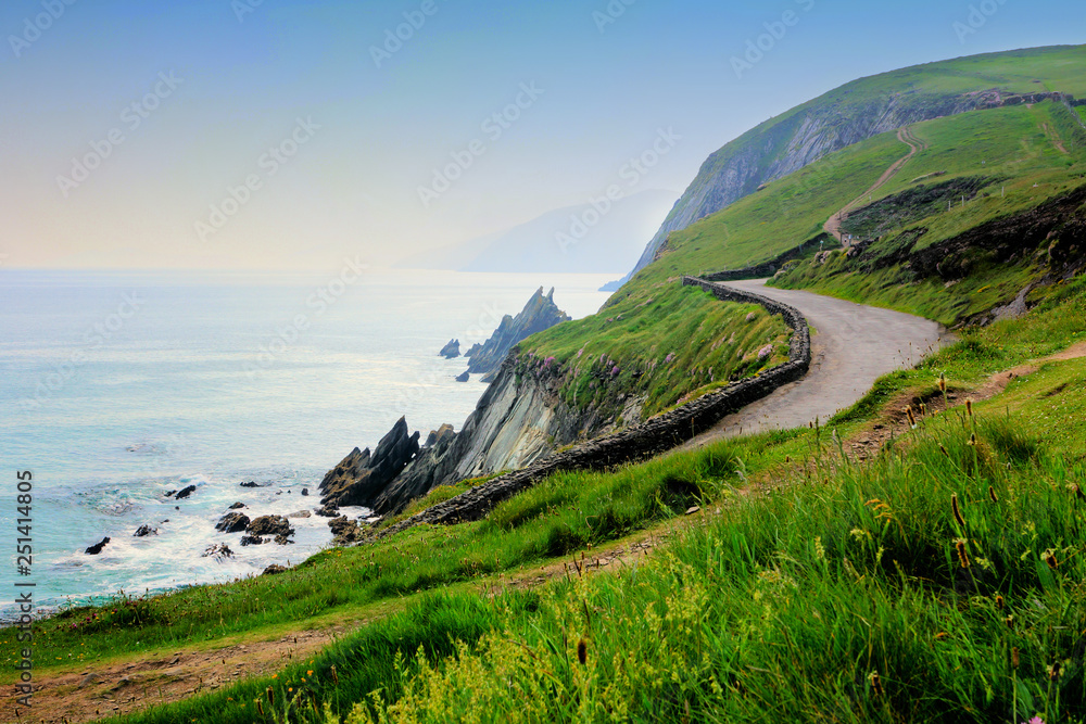 Road along the scenic coast of western Ireland. Slea Head, Dingle peninsula, County Kerry. - obrazy, fototapety, plakaty 