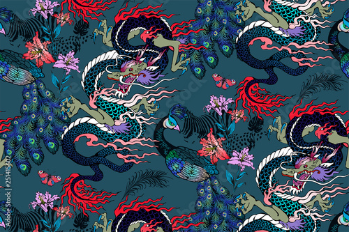 Pattern of peacock and asian dragon Tableau sur Toile