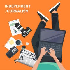 Wall Mural - Independent journalism flat banner. Equipment for journalist. Man sitting on the floor and holding lap top in his lap. Flat vector illustration