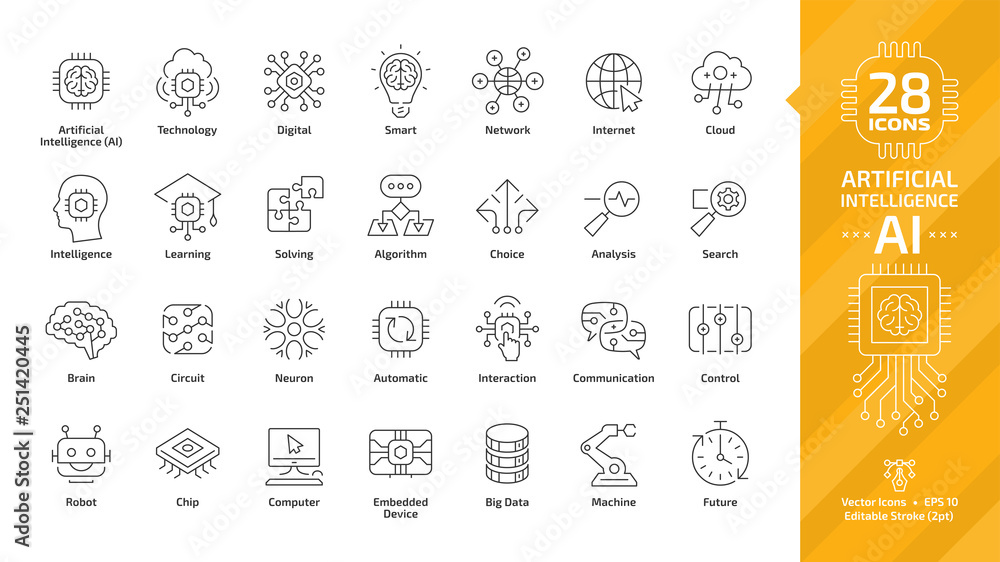 Vector artificial intelligence editable stroke thin outline icon set with machine learning, smart robotic and cloud computing network digital AI technology: internet, solving, algorithm, choice sign. - obrazy, fototapety, plakaty 