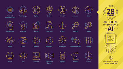 Vector artificial intelligence editable stroke thin outline icon set on a dark violet background with machine learning, smart robotic tech and network digital AI technology colorful line pictogram.