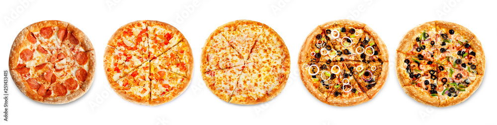 Set of pizzas: pepperone, cheese, chicken and tomatoes, tuna, shrimp - obrazy, fototapety, plakaty 