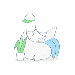 Cute man is working at his laptop in easy chair, freelance office interior with work, networking, web surfing process illustration