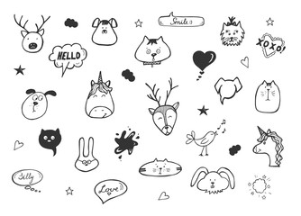 Collection of animals, hearts, lettering cute stickers