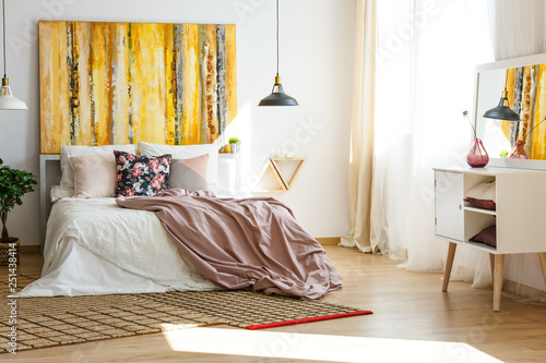 White Wooden Dresser With Mirror In Contemporary Bedroom