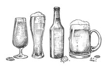 Set Of Isolated Beer Glasses And Bottle