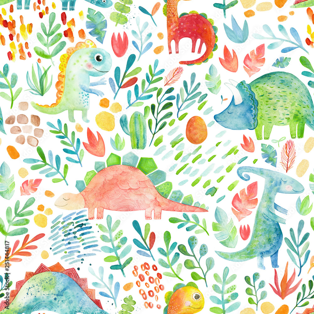 Hand drawn seamless pattern with dinosaurs and floral elements. Cute ...
