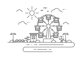 Illustration of a playground or entertainment with ferris wheel. Landscape of urban park. Thin line art style