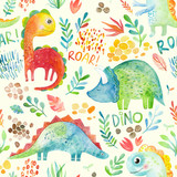 Fototapeta Dziecięca - Hand drawn seamless pattern with dinosaurs and floral elements.  Cute watercolor illustration design. Perfect for kids fabric, textile, nursery wallpaper.