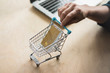 © Westend61 - Woman's hand holding mini shopping cart with credit card