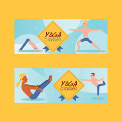 Wall Mural - Yoga vector people yogi character training flexible exercise pose on yoga-classes illustration backdrop healthy man lifestyle workout with meditation balance relaxation background