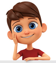 Character Cartoon Boy Leaned Against A Blank Board. 3d Rendering. Illustration For Advertising.