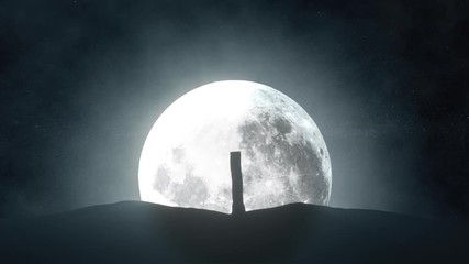 Wall Mural - Time lapse of a sprouting tree against the background of a full moon and a rotating universe around