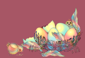 Wall Mural -  Easter chickens, eggs and feathers on a background, copy space. Greeting card for Easter. Baby bird in a nest.