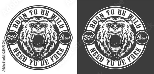 Vintage ferocious bear head round emblem