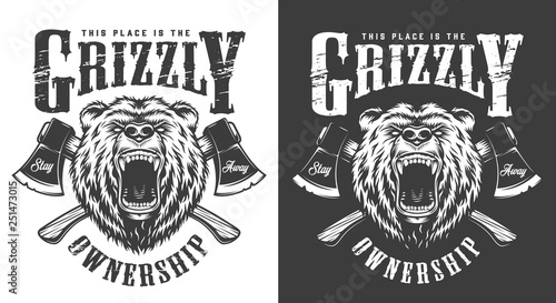 Vintage monochrome angry bear head label