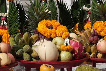 Chiang Rai Thailand, offerings of fruit at Wat Ming Muang