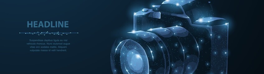 Camera. Abstract 3d polygonal wireframe modern professional camera isolated on blue.