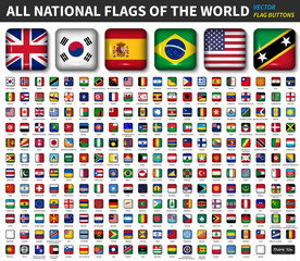 All national flags of the world . Shiny convex round angle square button design . Elements vector .