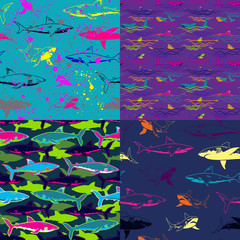 Wall Mural - Set of Abstract seamless vector underwater pattern for girls, boys, clothes. Creative background with sharks. Funny wallpaper for textile and fabric. Fashion style. Colorful bright