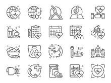 Global Healthcare Line Icon Set. Included Icons As Exercise, Health Check, Healthy Food, Wellness Center, Doctor And More.