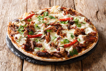 Barbecue Pulled Pork Pizza With Cheese, Pepper And Sauce Close-up. Horizontal