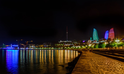 Wall Mural - View from Caspian sea shore to the central business district with skyscrapers and tv tower, Baku, Azerbaijan