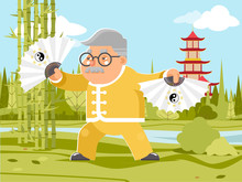 Grandfather Fan Chinese Wushu Kungfu Taichi Fitness China Healthy Activities Adult Old Age Man Asian Character Cartoon Nature Background Flat Design Vector Illustration