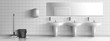 © vectorpocket - Washed and clean public toilet interior 3d realistic vector. Mop and bucket, row of ceramic sinks with metallic faucets, soap dispensers, hand dryer and long mirror on white tilled wall illustration