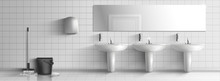 Washed And Clean Public Toilet Interior 3d Realistic Vector. Mop And Bucket, Row Of Ceramic Sinks With Metallic Faucets, Soap Dispensers, Hand Dryer And Long Mirror On White Tilled Wall Illustration