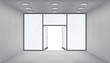 Store interior open doors 3d shop empty space light realistic windows space template mockup background vector illustration