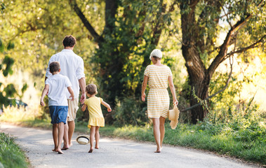 Wall Mural - A rear view of family with small children walking barefoot on a road in summer.