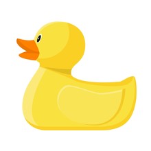 Yellow Rubber Or Plastic Duck Toy For Bath Isolated. Vector Illustration In Flat Style