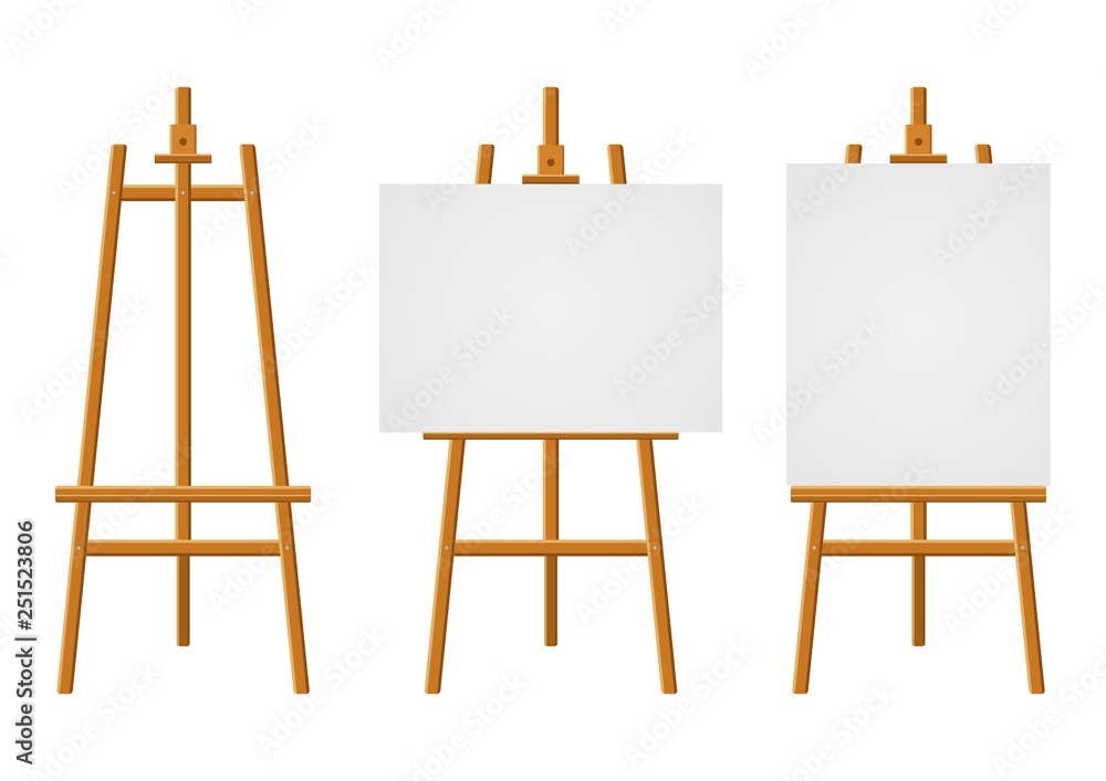 Wood easels or painting art boards with white canvas of different sizes. Easels with horizontal and vertical paper sheets. Artwork blank poster mockups. Vector illustration - obrazy, fototapety, plakaty 