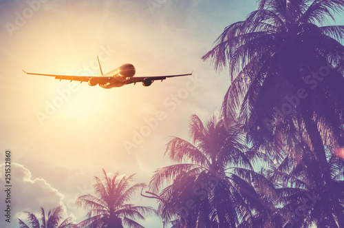 Airplane flying over tropical palm tree and sunset sky abstract background.