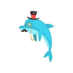 Poster - Dolphin with Mustache Swimming Wearing Black Top Hat and Retro Glasses, Cartoon Humanized Sea Animal Character Vector Illustration