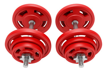 Wall Mural - two red dumbbells isolated on white background. 3d illustration