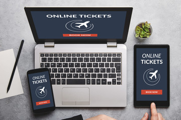 Wall Mural - online tickets concept on laptop, tablet and smartphone screen